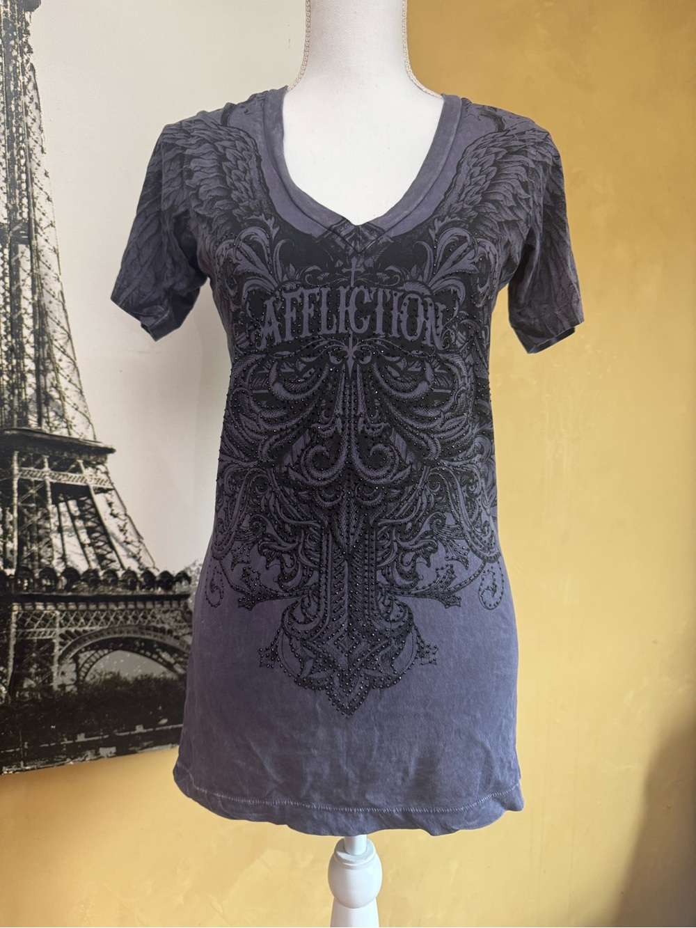 Affliction Women's Charcoal Grayish Purple Rhinestone V-Neck Tee